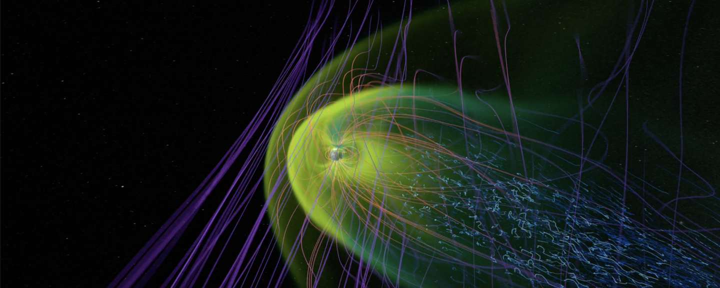 Illustration of solar storm hitting Earth's magnetosphere.