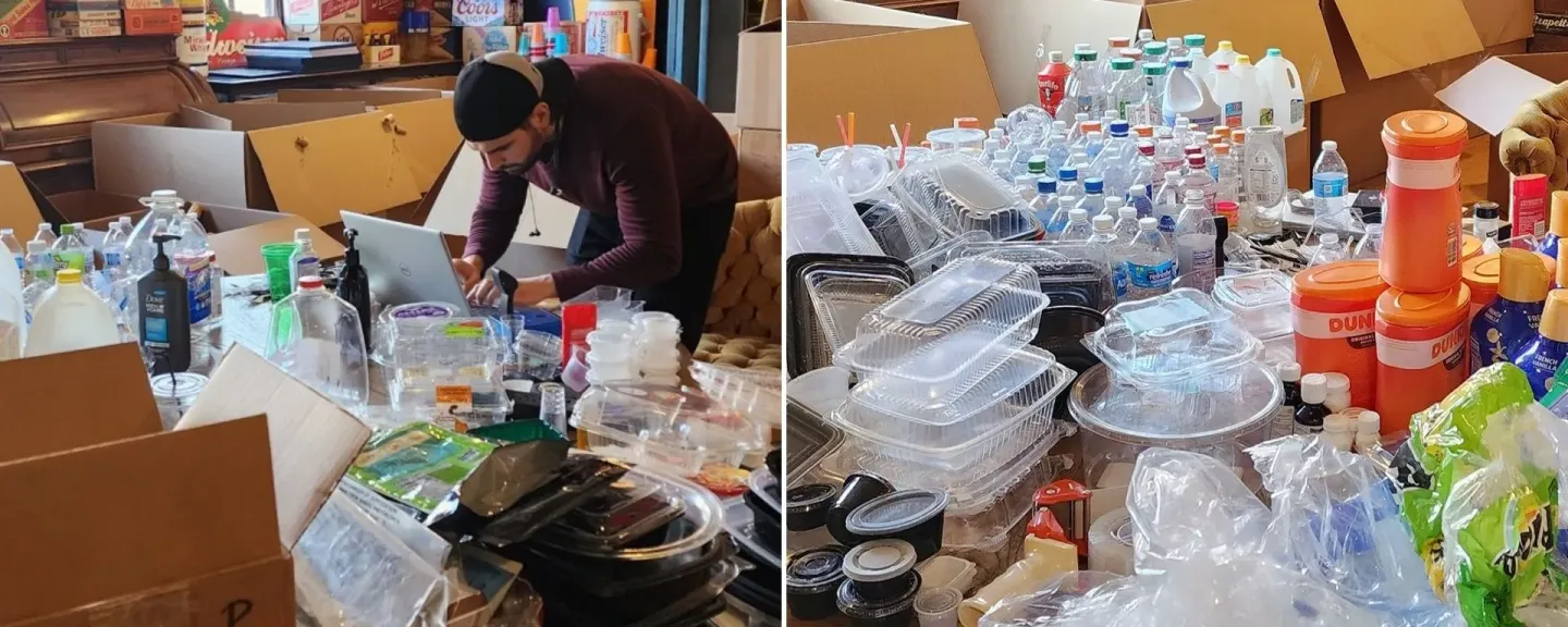 person sorting through recycling in a room