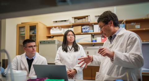 Three scientists wearing white coats work in a lab.