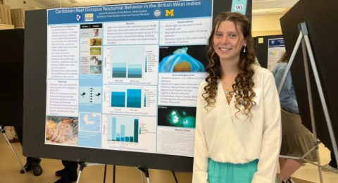 Lynn presenting at the 2024 URC with my poster on nocturnal octopus behavior from my study abroad experience in the Turks and Caicos Islands 