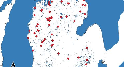 Map of Michigan's lower penninsula highlighting sites of burial mounds.