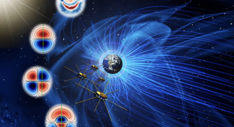 Illustration of four small spacecraft at the edge of the magnetosphere with electron data in different shapes nearby.
