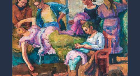 painting of women huddled around ill woman on bed