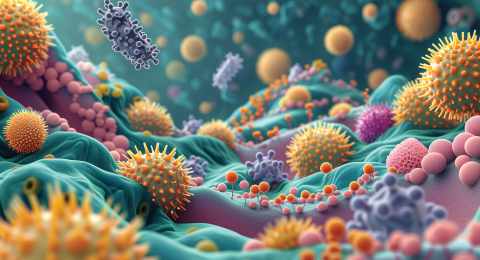 A colorful 3D illustration of the gut microbiome, showing various microorganisms including bacteria and viruses on intestinal tissue.