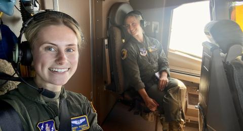 Emma Schmidt inside an airplane