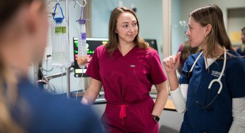 Nursing student discusses a lesson with a supervisor. 