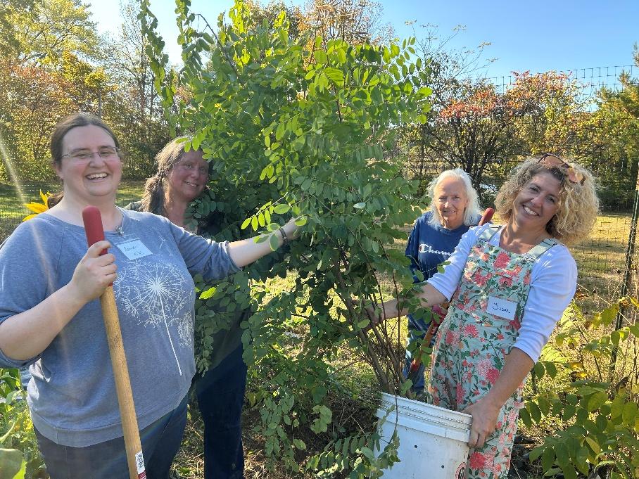 four women with a shovel. bucket and tree