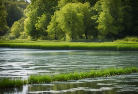 A photo of a lake with vegetation and what appears to be harmful algal blooms