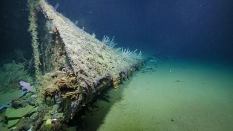 The severed bow of the USS New Orleans, discovered by UNH's DriX uncrewed surface vessel. Credit: Ocean Exploration Trust.