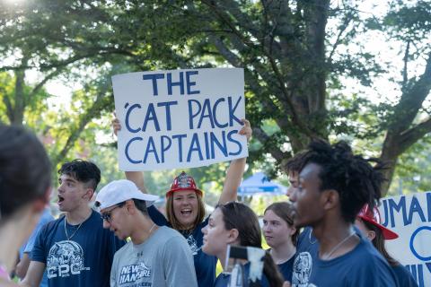 UNH student spirit group the 'Cat Pack Captains recruiting new members at the University Day picnic 