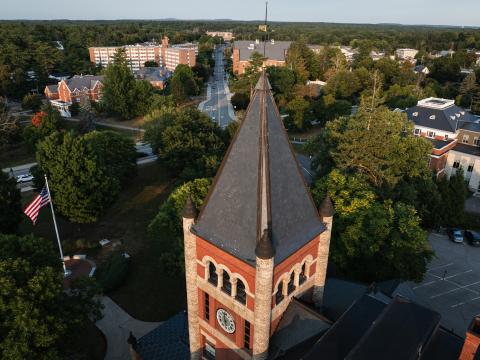 Thompson Hall (T-Hall) aerial view on campus