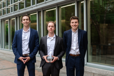 Granite State Systems won the Holloway Competition on May 6. Pictured (L to R)&nbsp;Rowan Baptista,&nbsp; Shea Garland, and Brett Schultz ‘25.