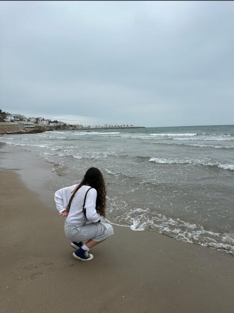 person kneeling on a beach at the edge of the water