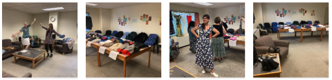 a grid of 4 images showing clothing on tables and people looking at the clothing