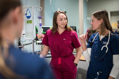 Nursing student discusses a lesson with a supervisor. 