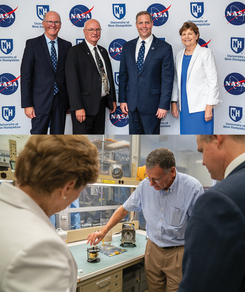 Two photos from a NASA-UNH partnership event. Top: UNH President Jim Dean, UNH Institute for the Study of Earth, Oceans, and Space director Harlan Spence, NASA Administrator Jim Bridenstine, and U.S. Senator Jeanne Shaheen pose in front of a NASA and University of New Hampshire branded backdrop. Bottom: Physics professor Roy Torbert shows Shaheen and Bridenstine an instrument from the Multiscale Magnetosphere Mission in a university laboratory.