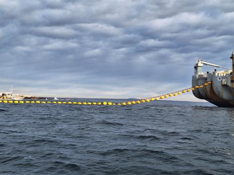 string of yellow buoys lie on top of the ocean, with the stern of a ship at the right