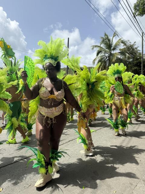 Carnival participants wearing bright green and gold feathered costumes parade along a street in the U.S. Virgin Islands.